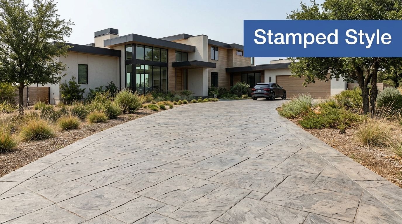 A modern luxury home with a large stamped concrete driveway surrounded by professional desert-style landscaping.