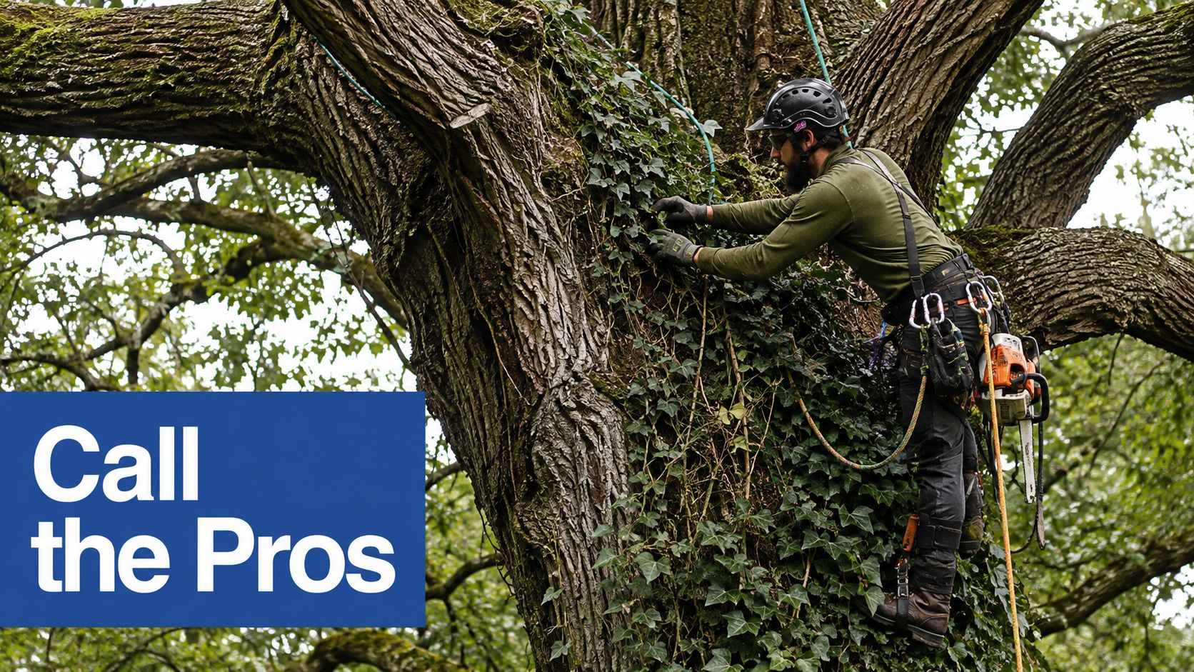 A professional arborist carefully removing invasive english ivy from a large, mature tree trunk.