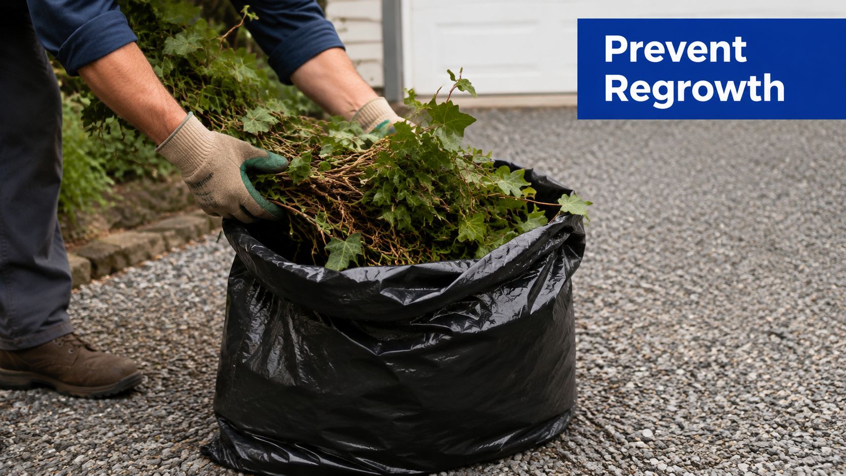 A person wearing gloves placing pulled English ivy clippings into a large black plastic waste bag.