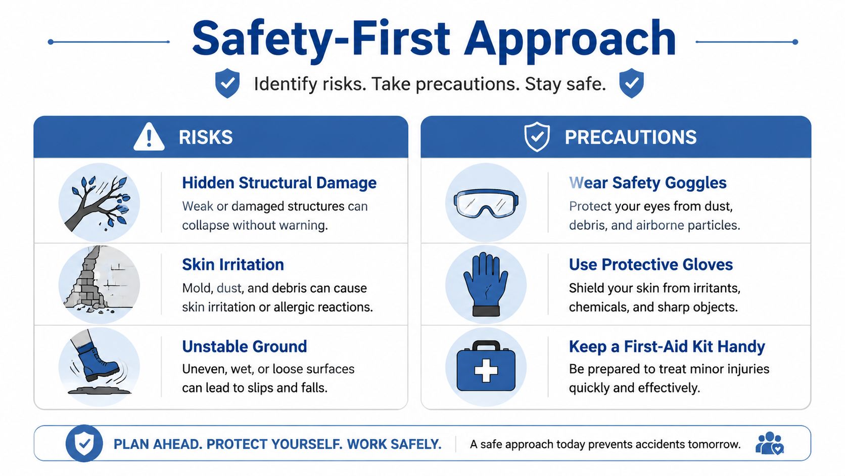 An infographic titled Safety-First Approach illustrating common construction or cleanup risks and necessary safety precautions to follow.