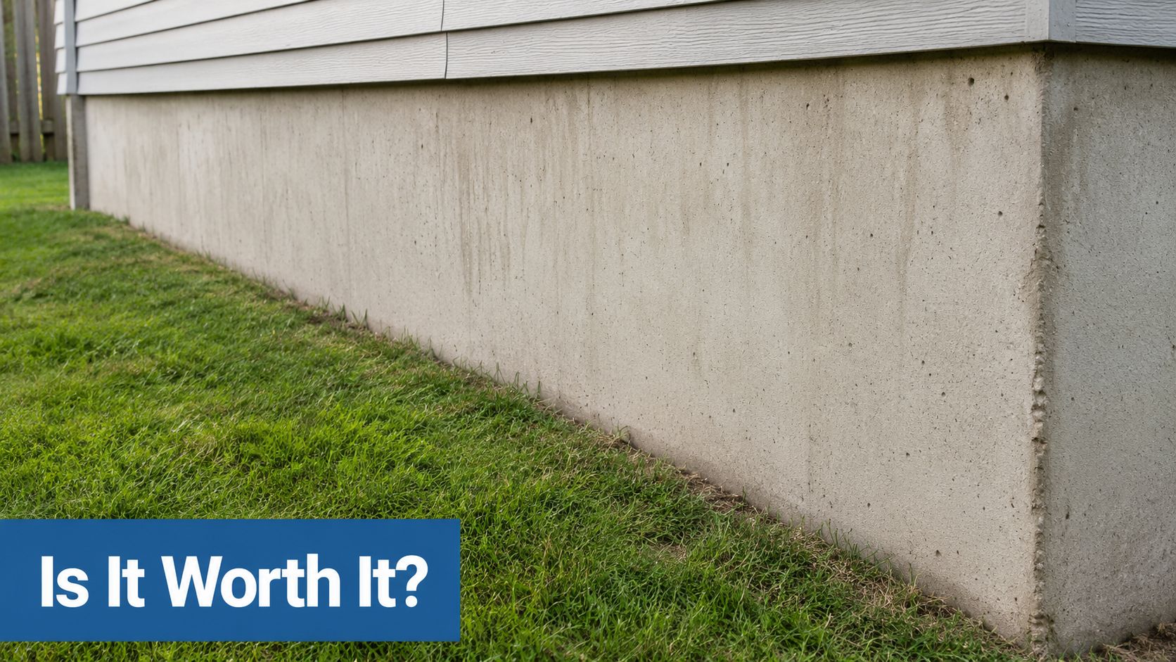 A close-up view of a residential concrete house foundation showing potential areas for exterior foundation paint.