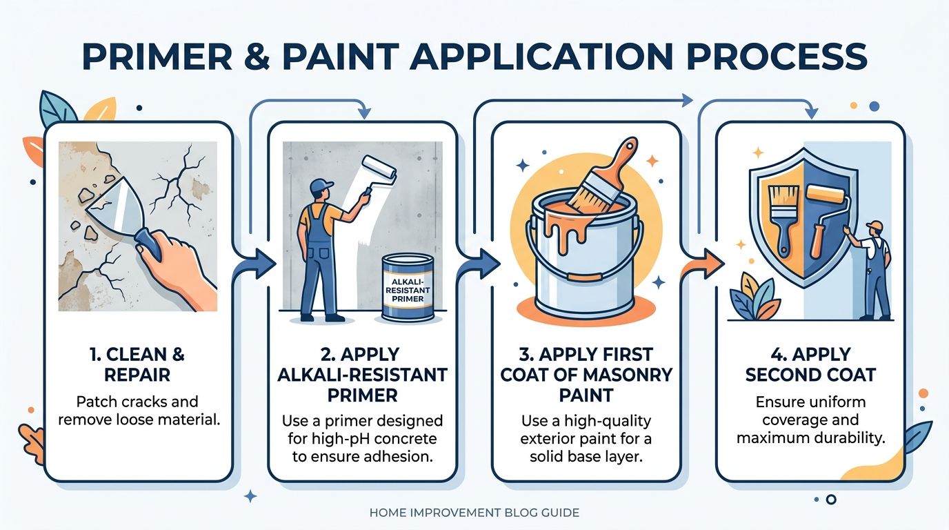 A step-by-step infographic showing the process of cleaning, priming, and painting an exterior masonry surface.