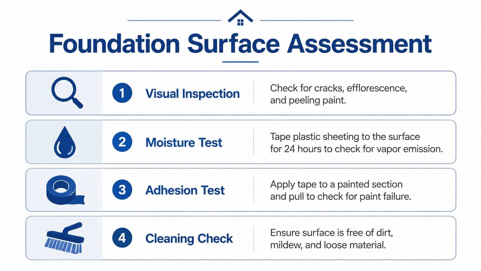 An infographic detailing four steps for assessing foundation surfaces before applying exterior foundation paint.