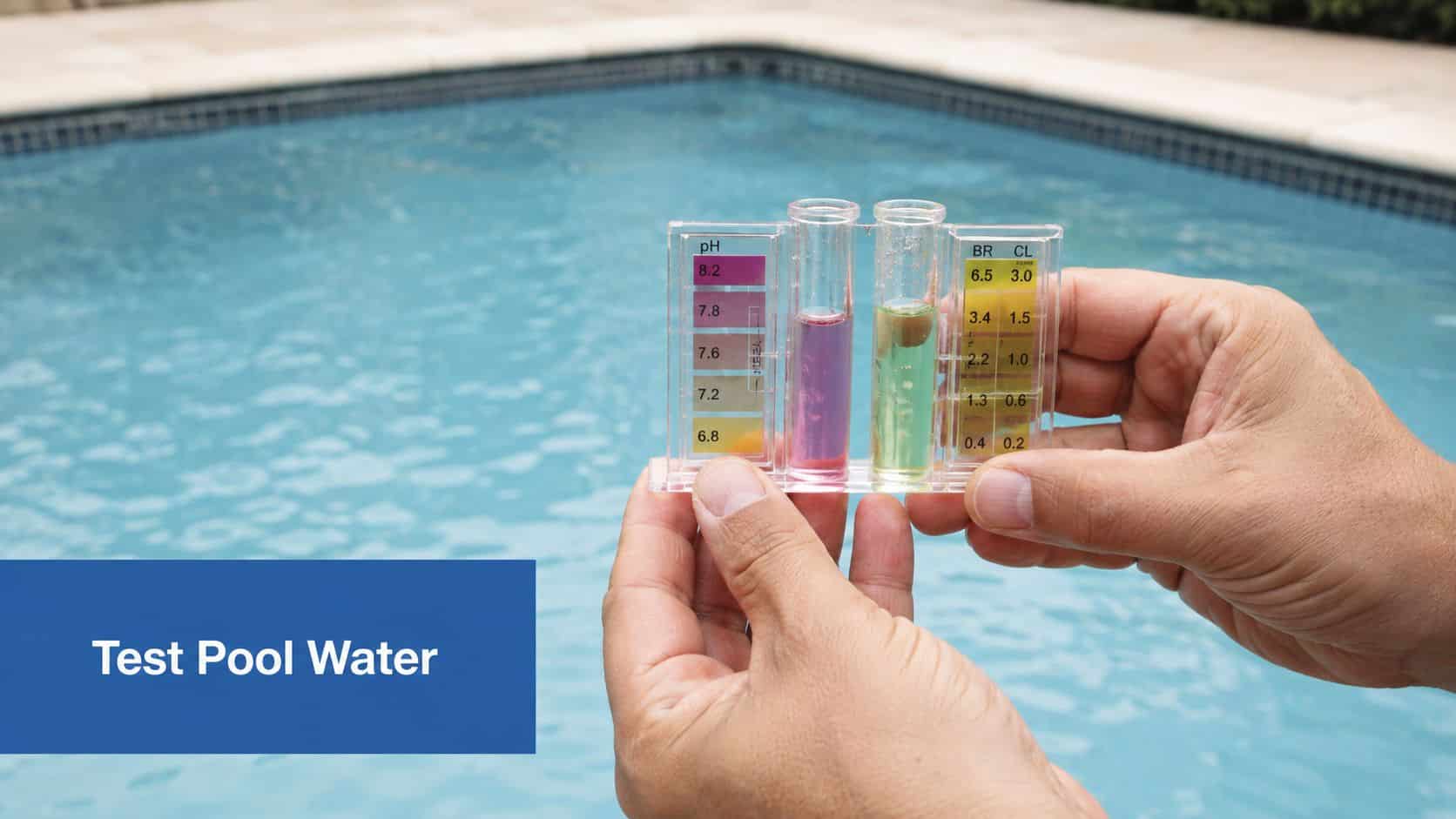 A person holding a pool water testing kit with test tubes against a blurred swimming pool background.