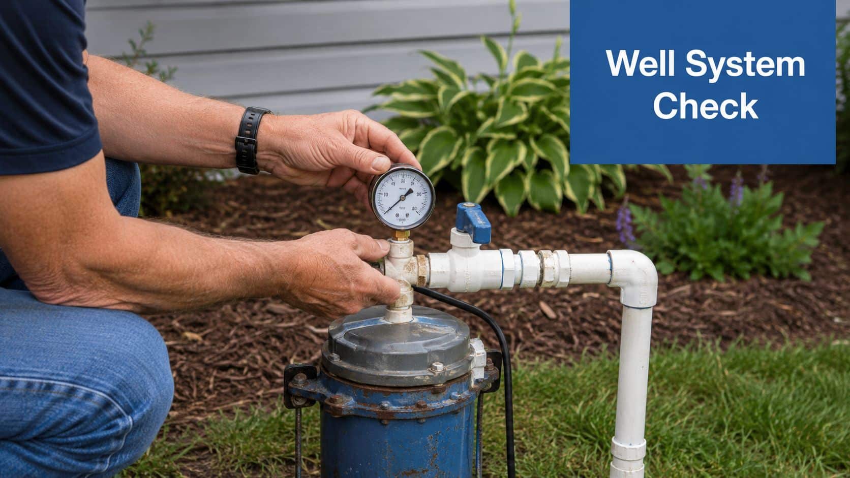 A professional technician checking the water pressure gauge on a residential well system pump outdoors.