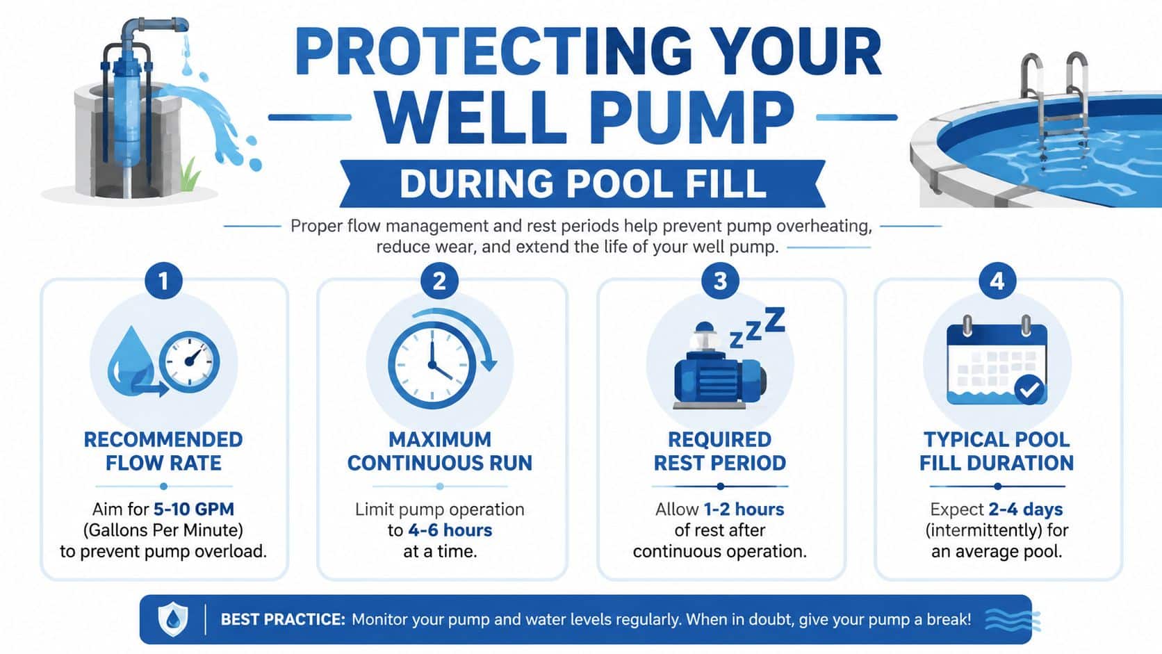 An infographic titled Protecting Your Well Pump During Pool Fill, illustrating guidelines for safe well water usage.