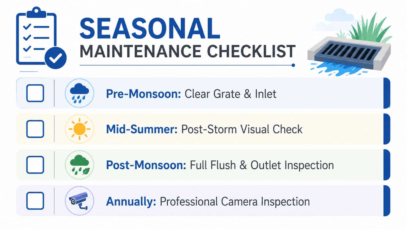 A seasonal maintenance checklist for drainage systems with icons for pre-monsoon, mid-summer, post-monsoon, and annual inspections.