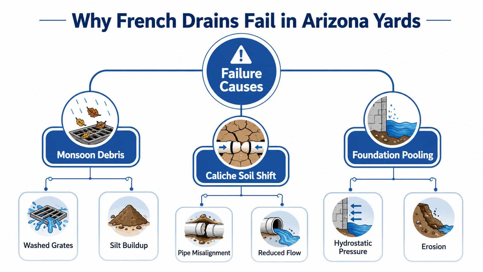 A flowchart explaining the primary reasons French drain systems fail in Arizona yards, including debris, soil, and drainage.