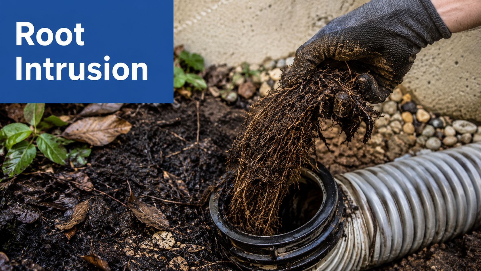 A gloved hand pulls tangled tree roots out of a corrugated plastic drainage pipe in soil.