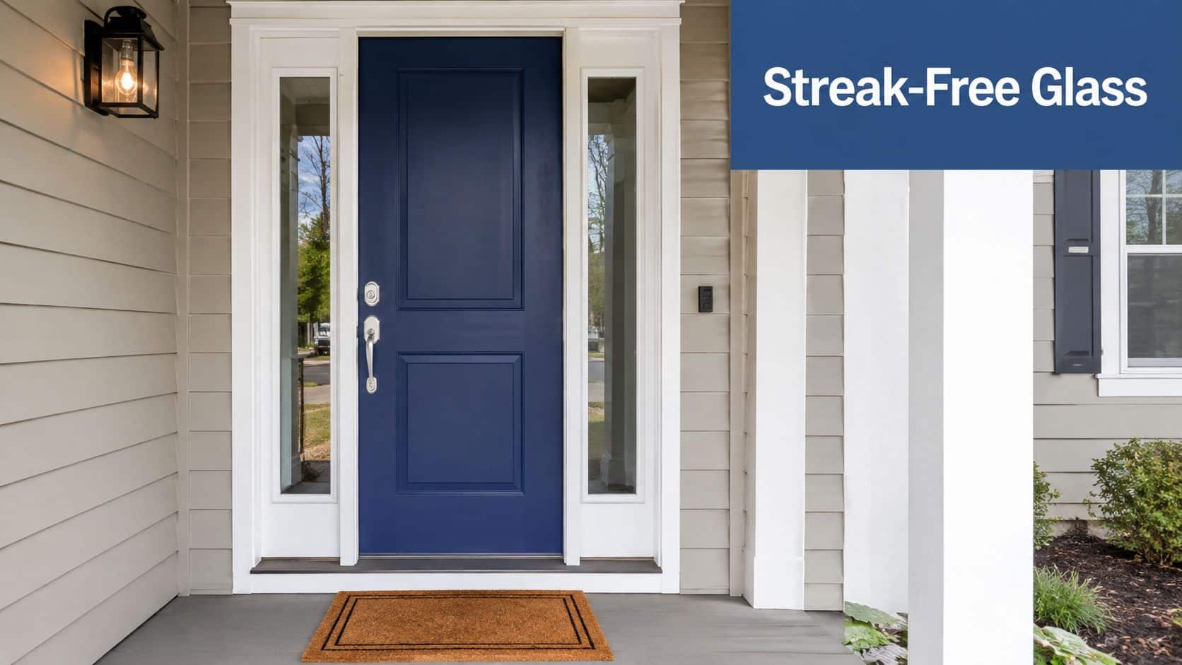 A bright blue front door with a matching side light window framed by light grey home siding.