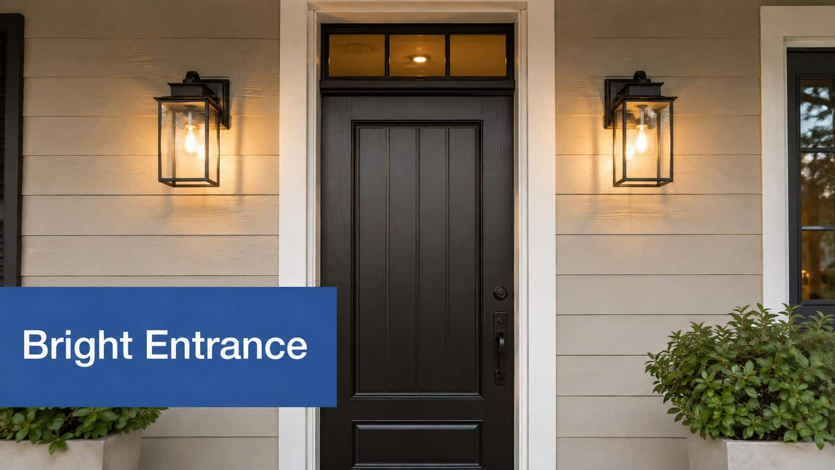 A stylish black front door with vertical panels flanked by warm glowing wall lanterns on a porch.