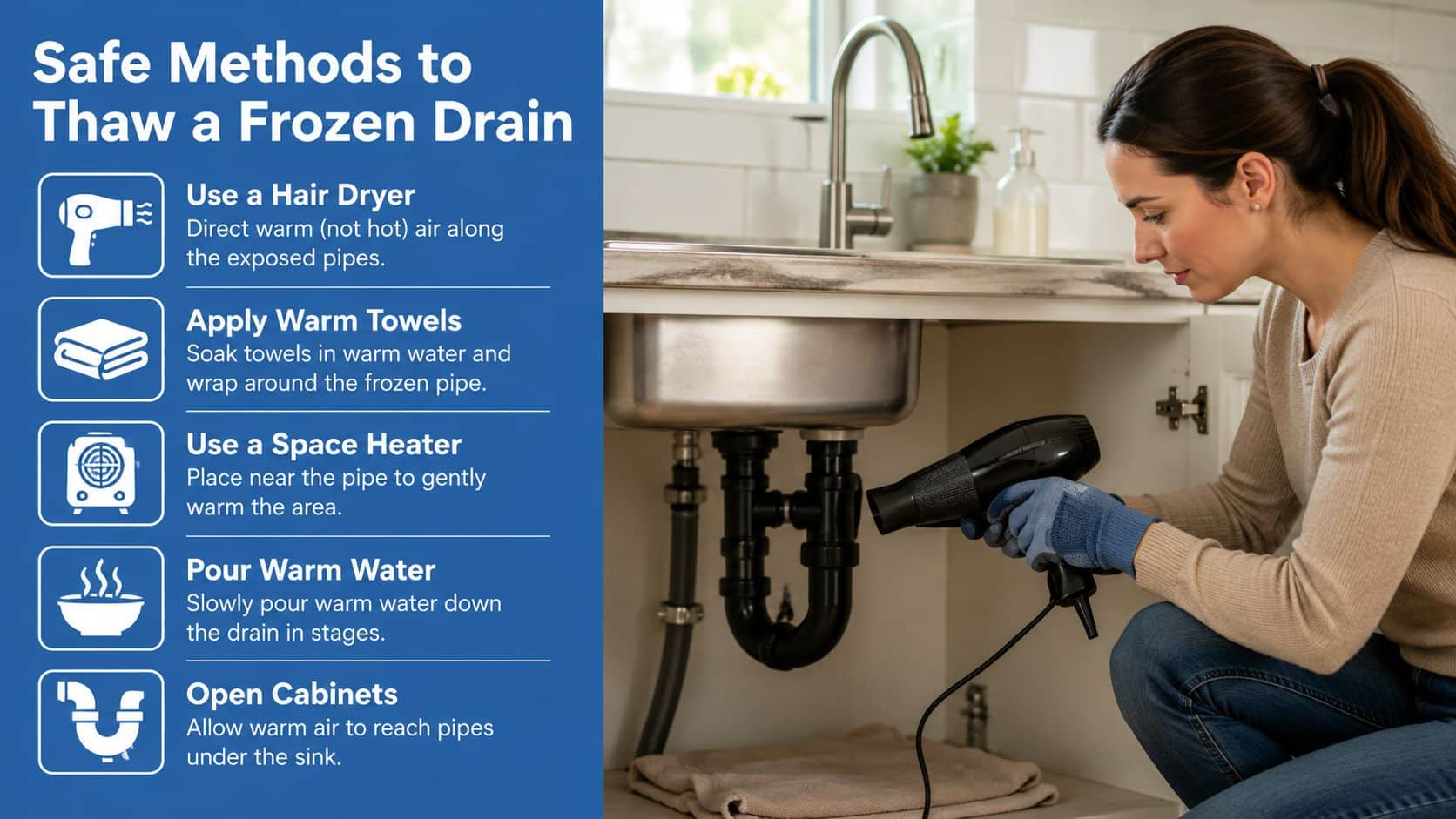 A woman using a hair dryer to thaw a frozen drain pipe under a kitchen sink.
