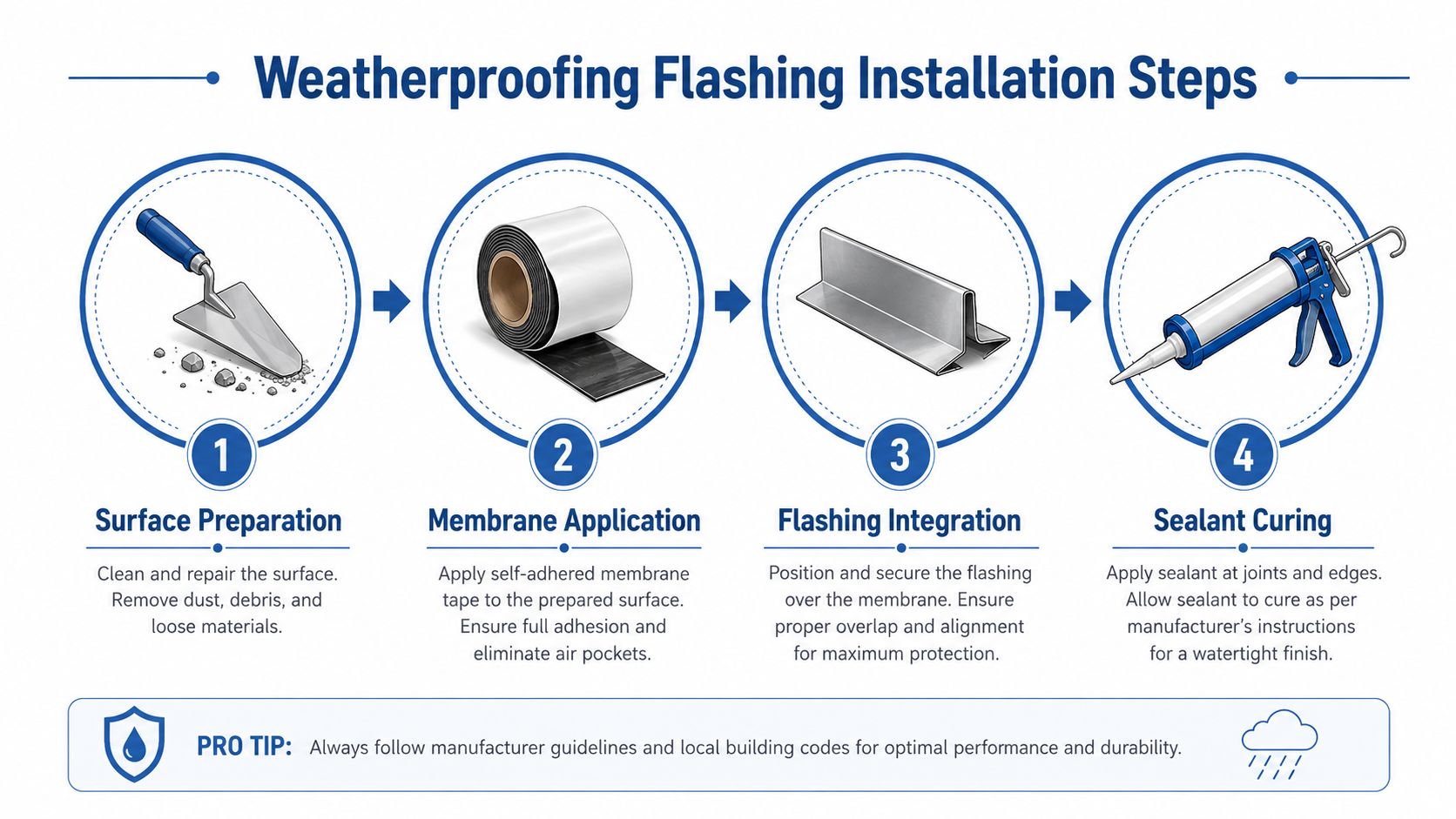 A four-step infographic illustrating the professional process for installing weatherproofing flashing on a building structure.