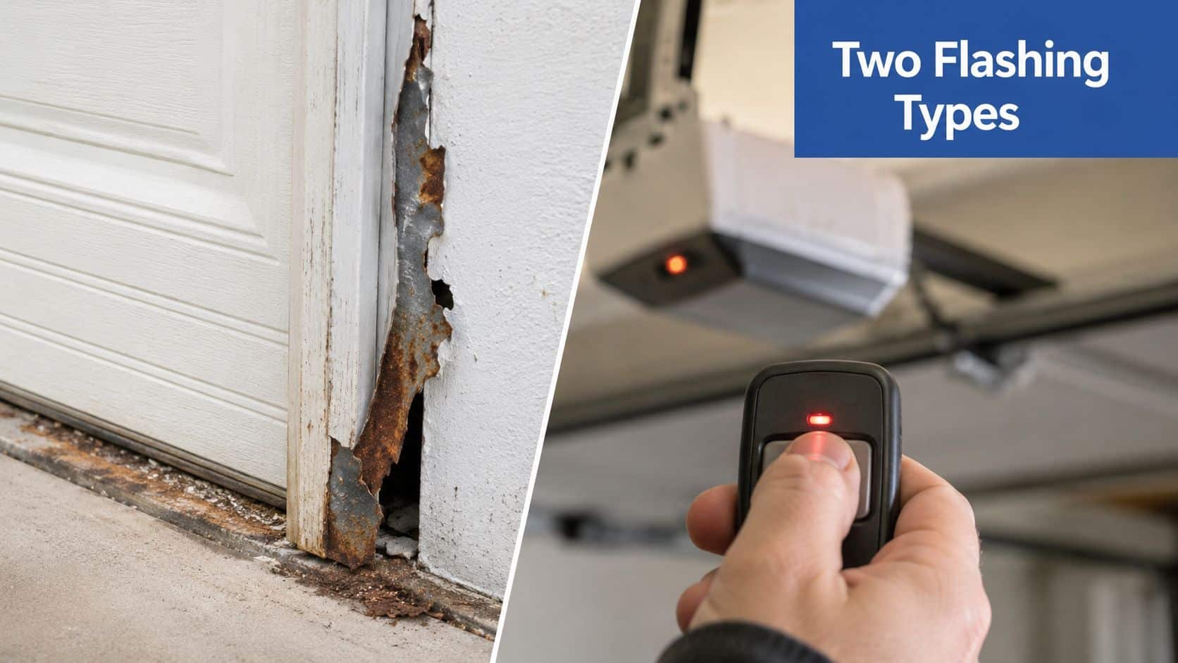 A split image showing rusty door frame flashing and a person using a garage door remote control.