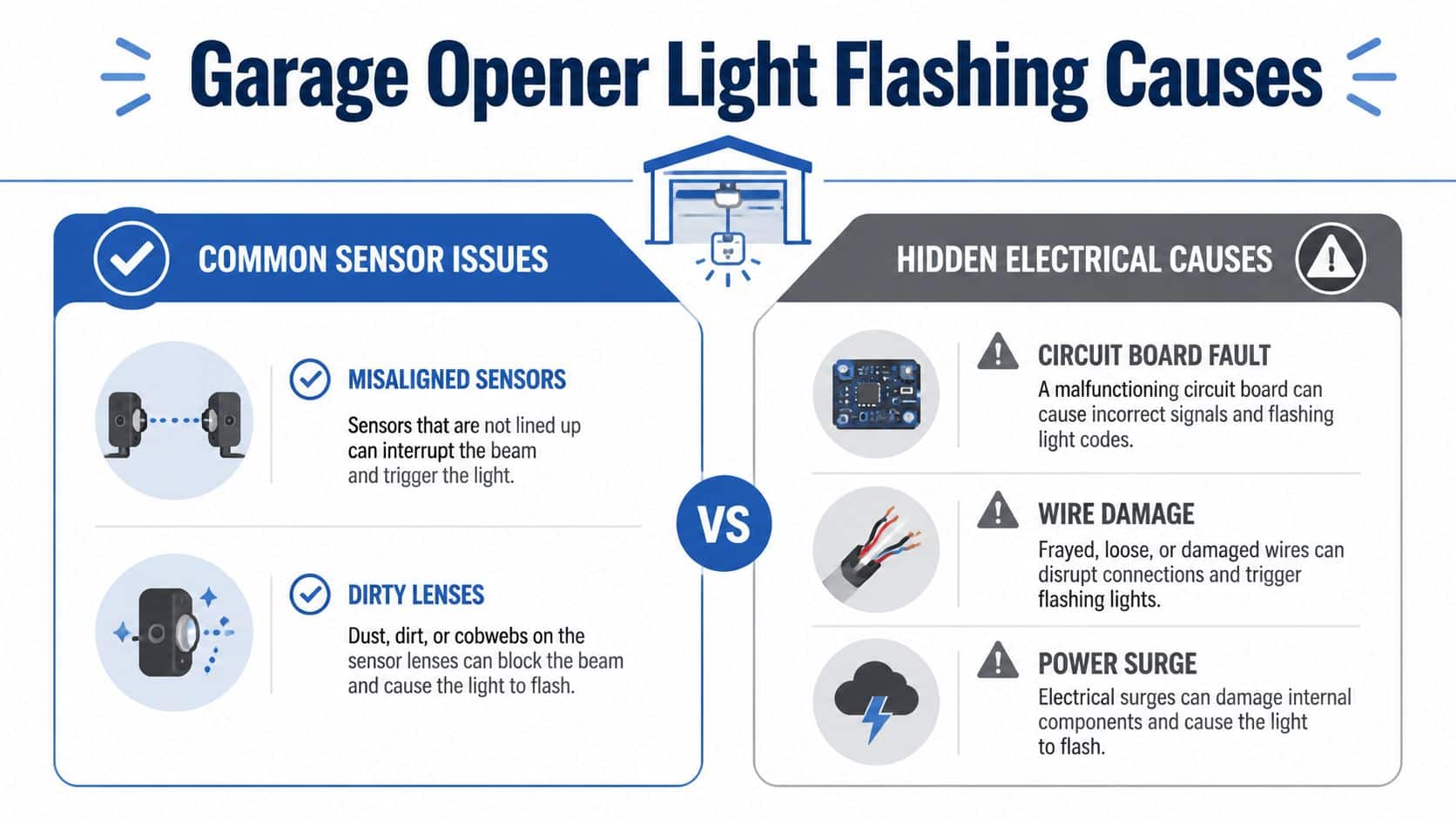 An infographic detailing common sensor issues and hidden electrical causes for a flashing garage door opener light.