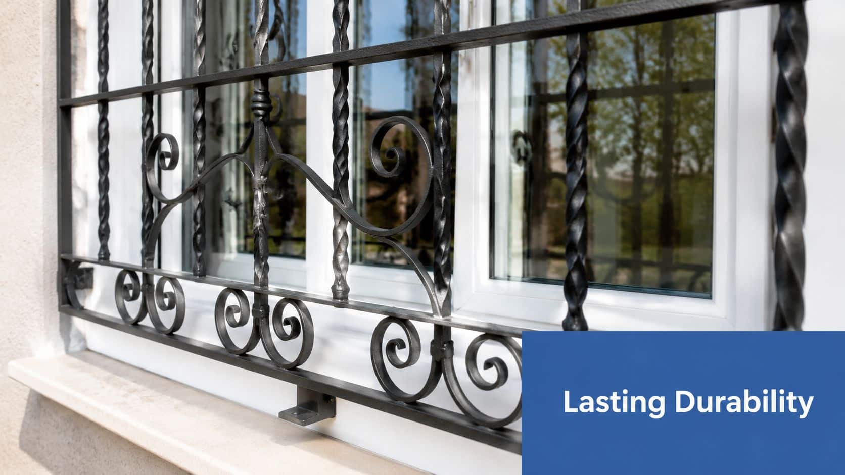 A close up view of decorative black iron security window bars mounted on a white house exterior.