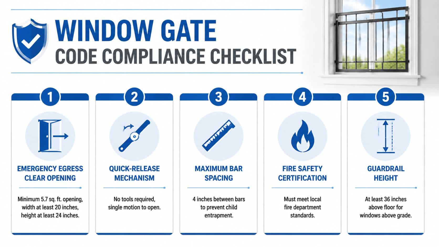 A checklist for window gate code compliance showing five safety requirements for emergency egress and installation.