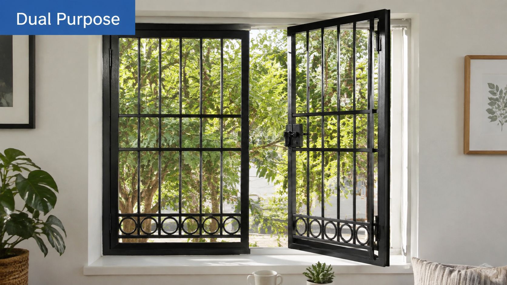 A black metal security window with decorative circular details, featuring one side open to a garden view.