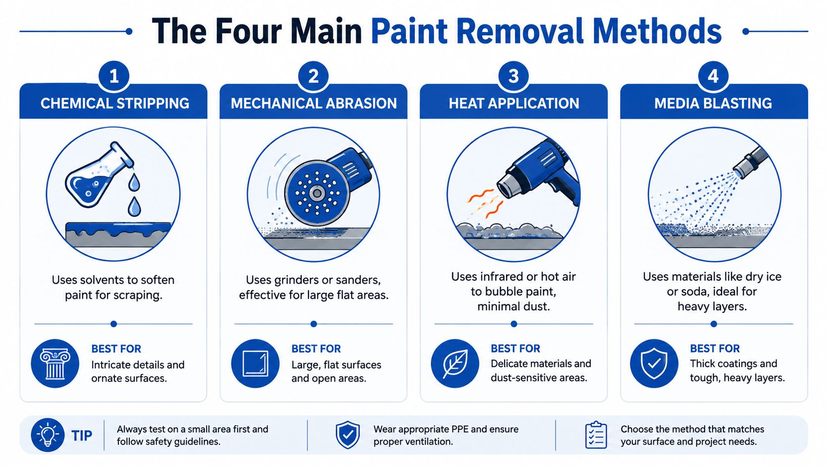 An infographic showing four common paint removal methods including chemical stripping, mechanical abrasion, heat application, and media blasting.