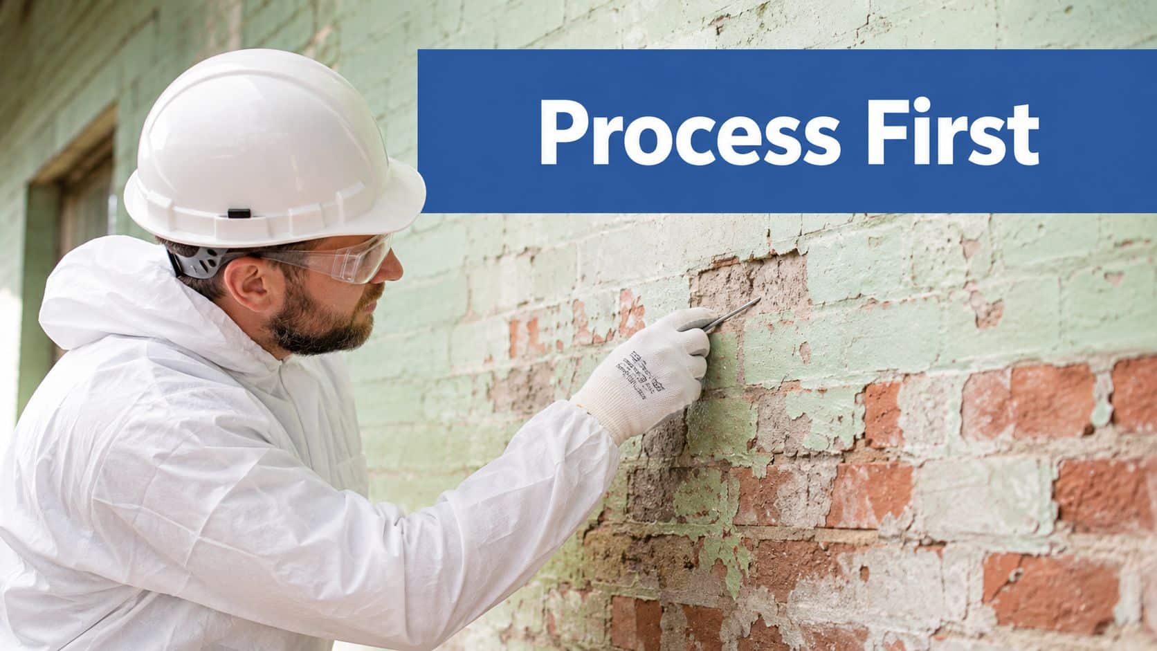 A professional in protective gear using a tool to scrape peeling paint from an old brick wall.