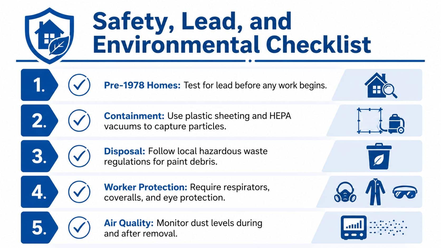 A safety checklist infographic for professional paint removal, emphasizing lead testing and worker protection measures.