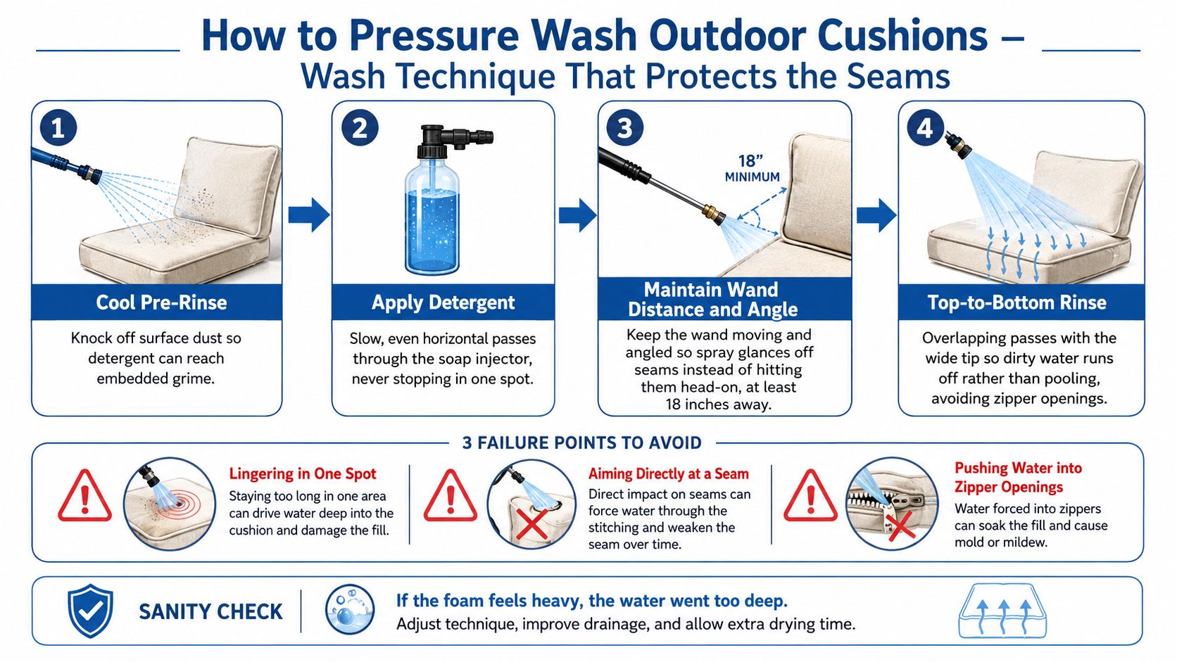 An instructional infographic detailing the safe four-step process and best practices for pressure washing outdoor furniture cushions.