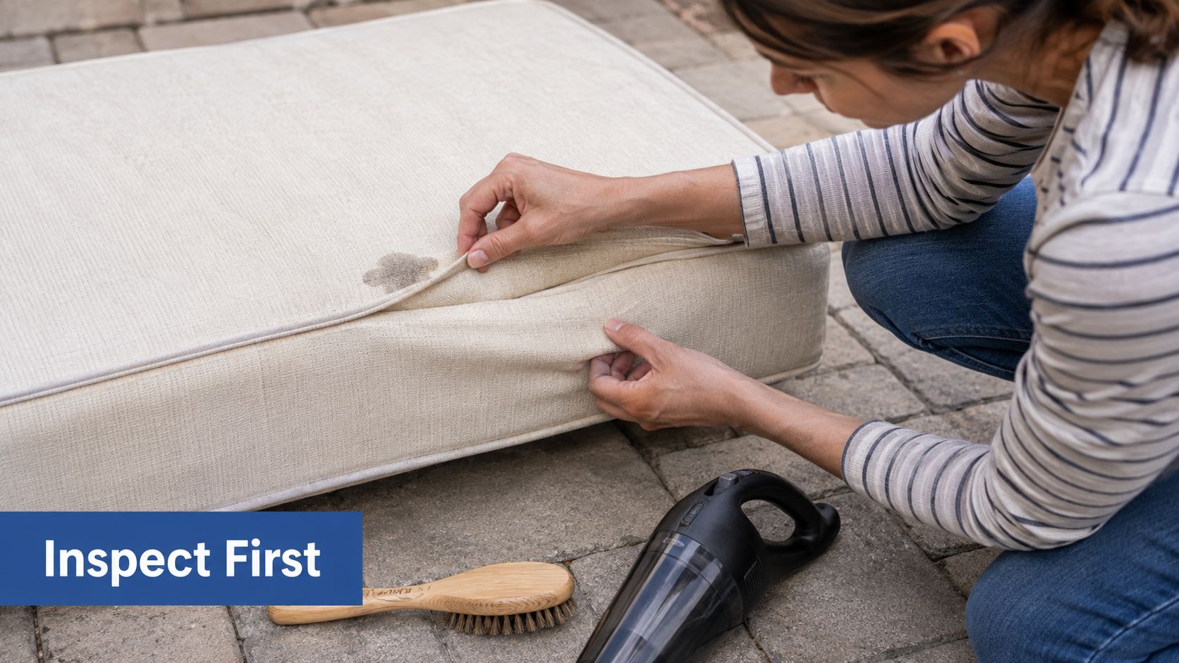 A person inspects a soiled white outdoor cushion before cleaning it on a patio.