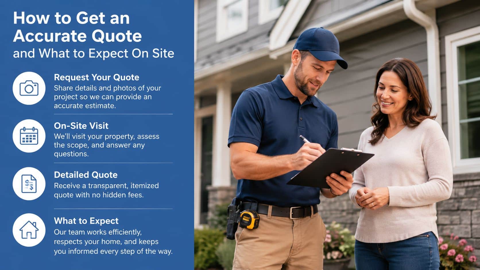 A service professional discusses home project details with a homeowner while taking notes on a clipboard.