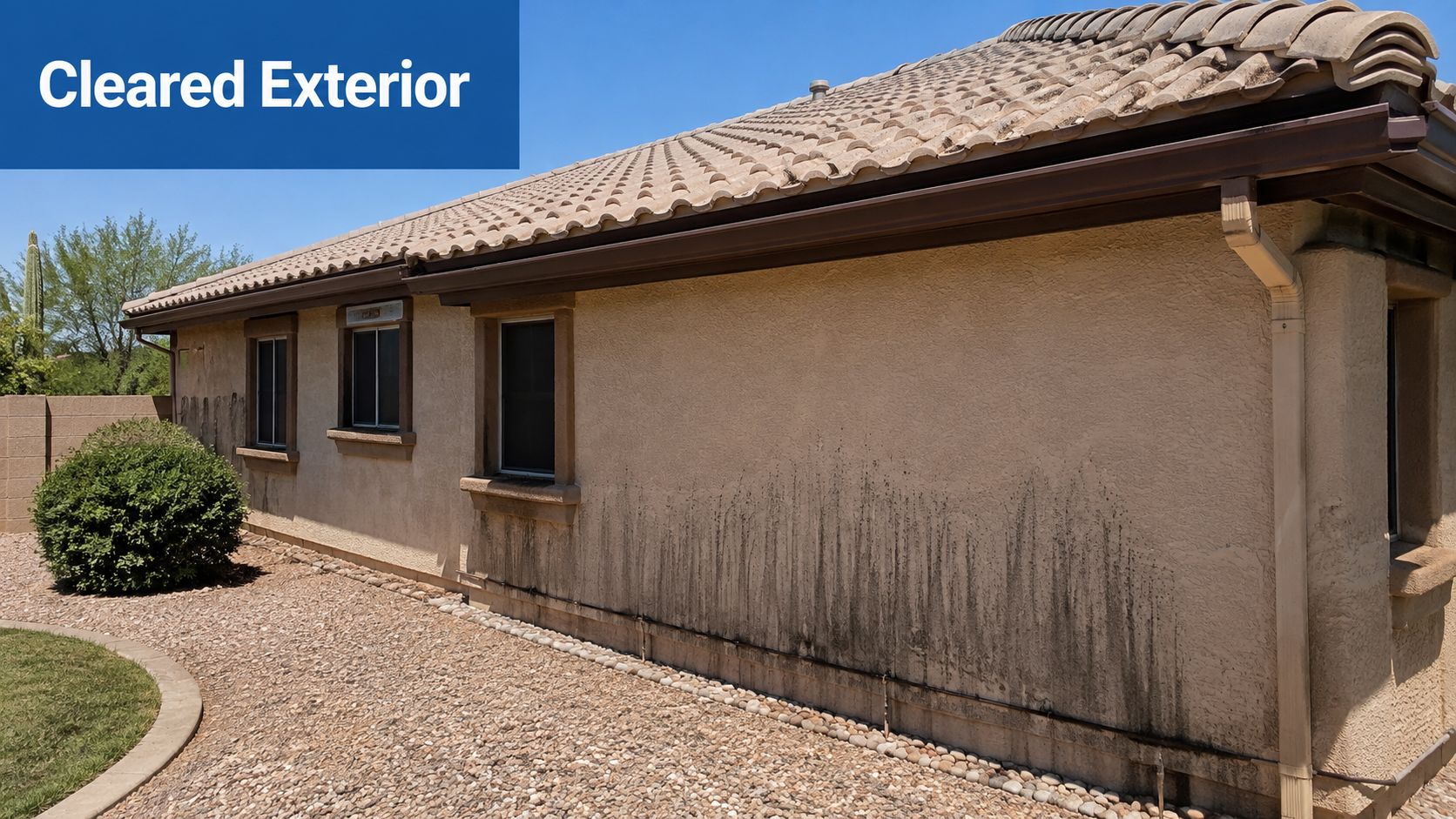 A side view of a house exterior showing a stucco wall with significant water staining and dirt.