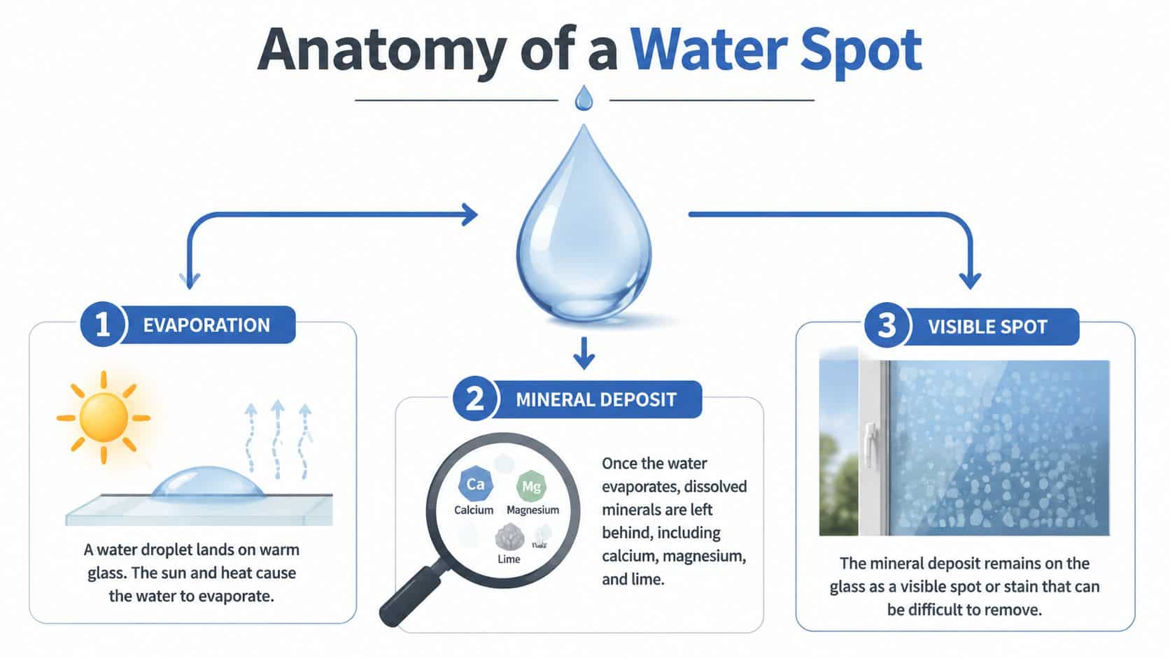 An infographic illustrating the three-step process of how water spots form on glass through evaporation and mineral deposits.