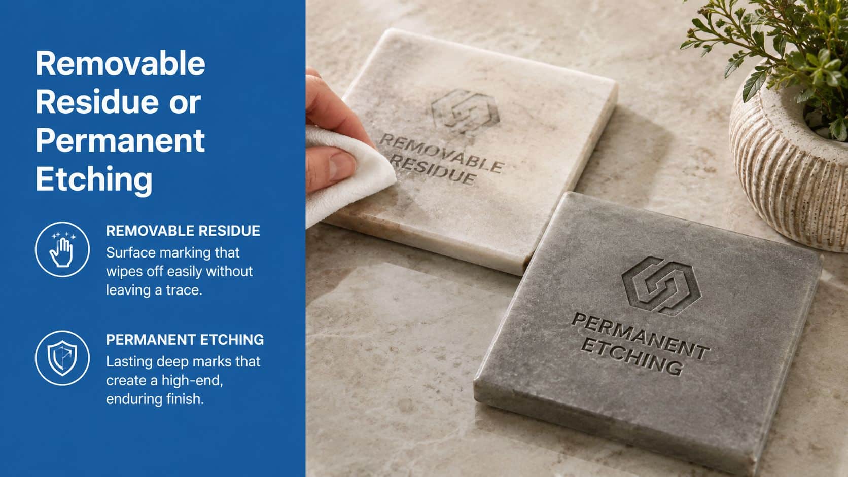 Two stone tiles showing the difference between removable surface residue and permanent laser etching on marble coasters.