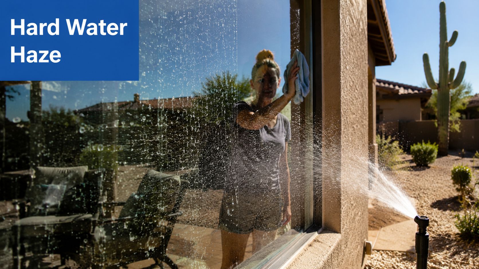 A person cleaning hard water haze spots from a residential window while a sprinkler sprays water nearby.