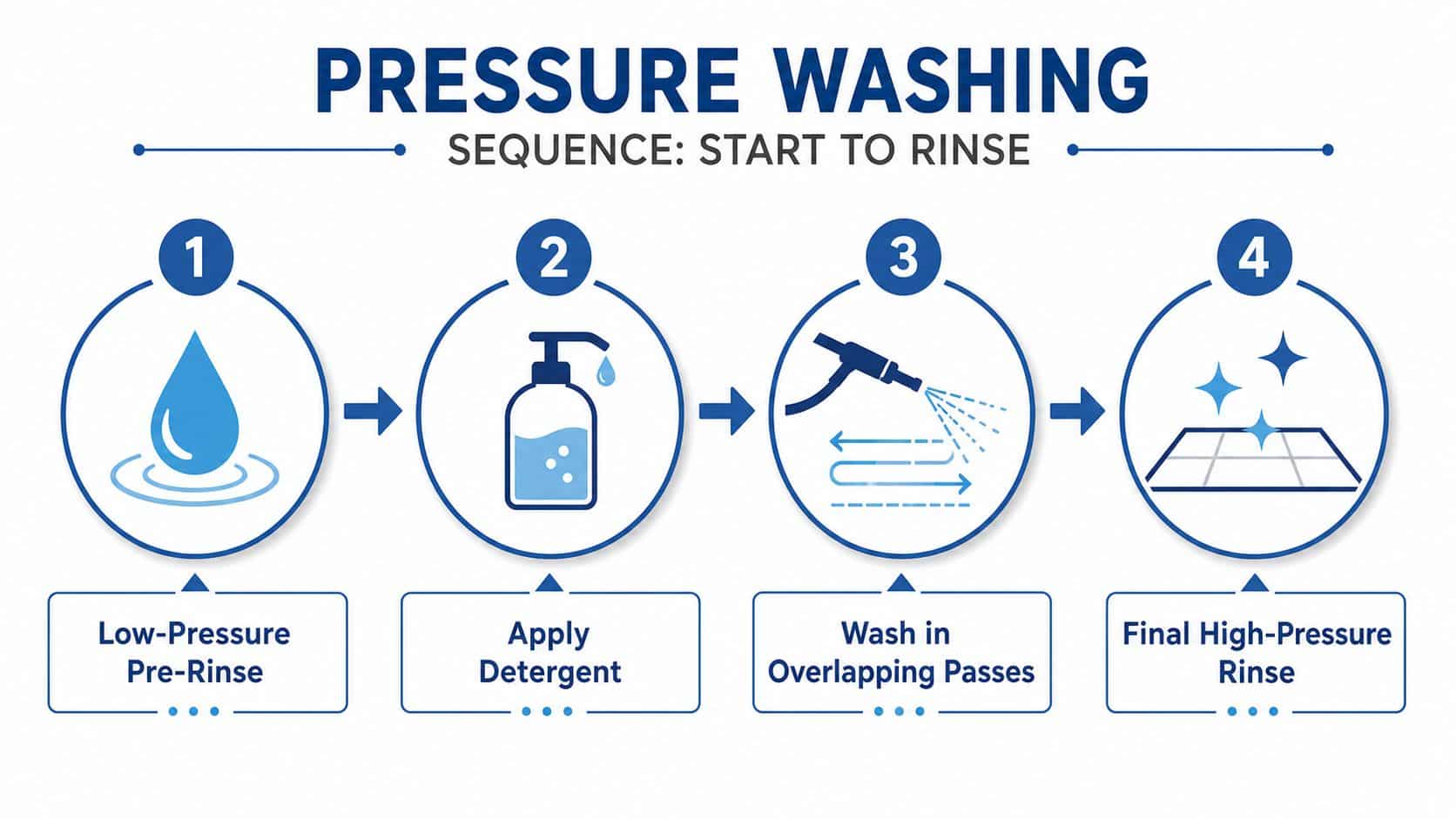 An infographic showing the four-step pressure washing process from pre-rinse to final rinse.