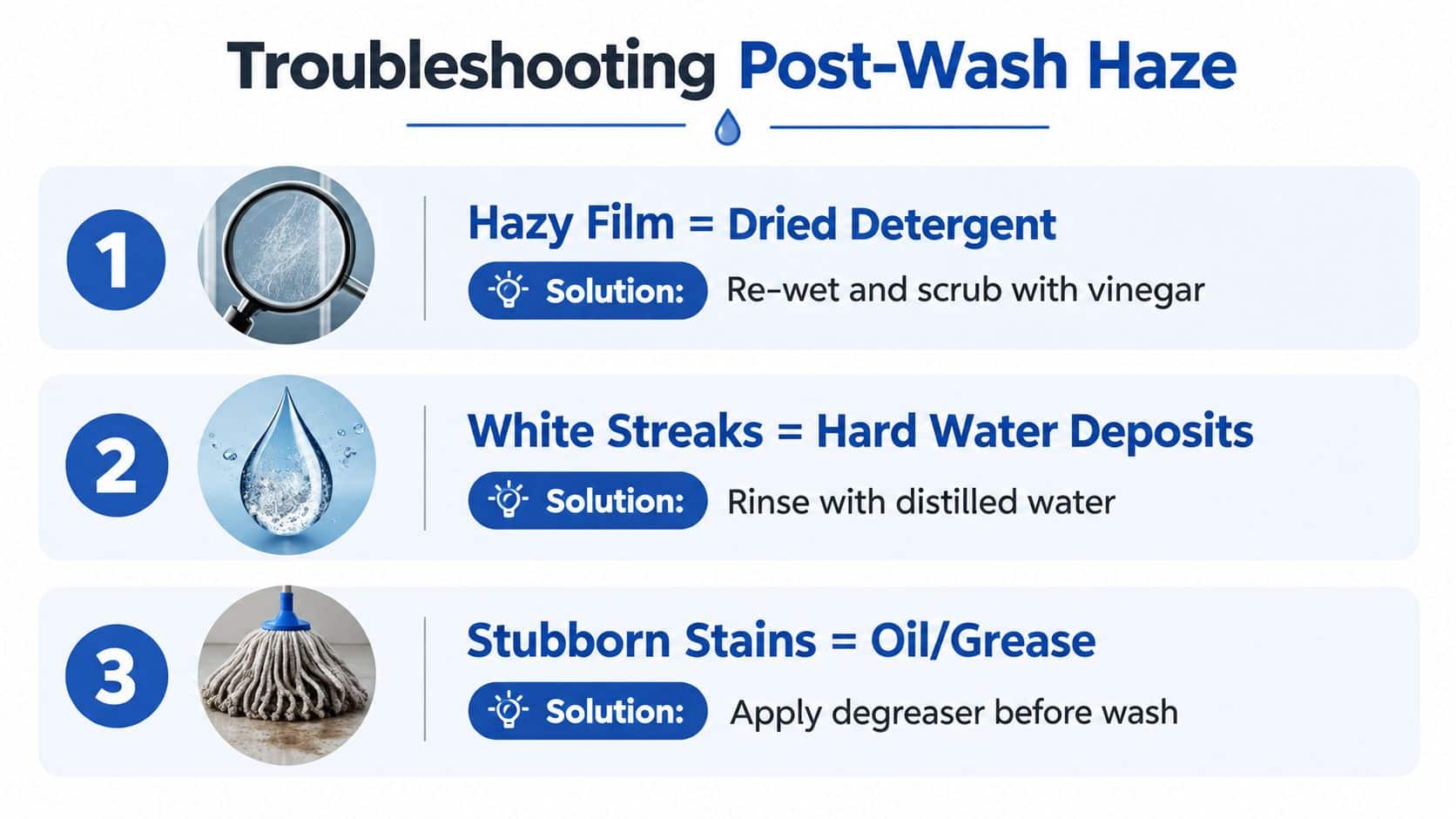 A troubleshooting guide showing how to remove hazy film, white streaks, and grease from surfaces after washing.