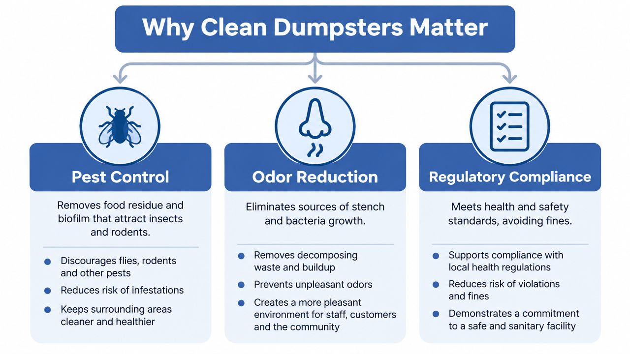 An infographic titled Why Clean Dumpsters Matter highlighting the benefits of pest control, odor reduction, and regulatory compliance.