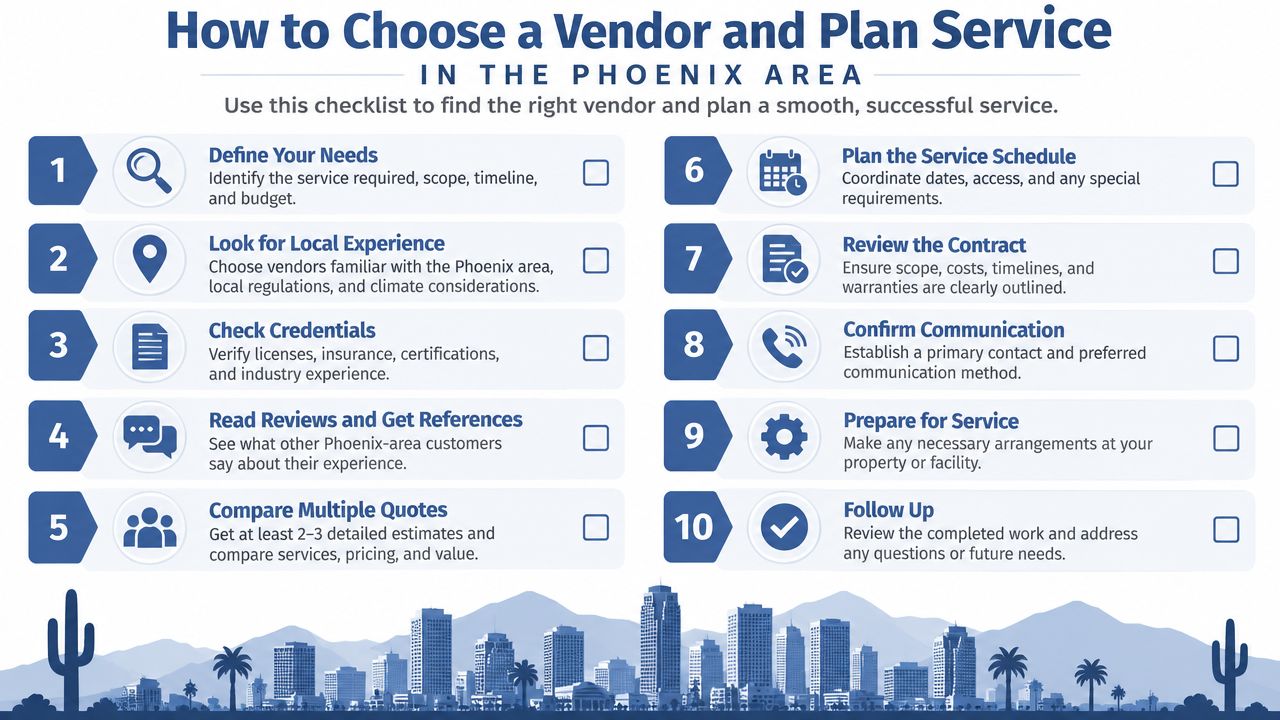 A ten-step checklist infographic for choosing a service vendor in the Phoenix area for business maintenance.