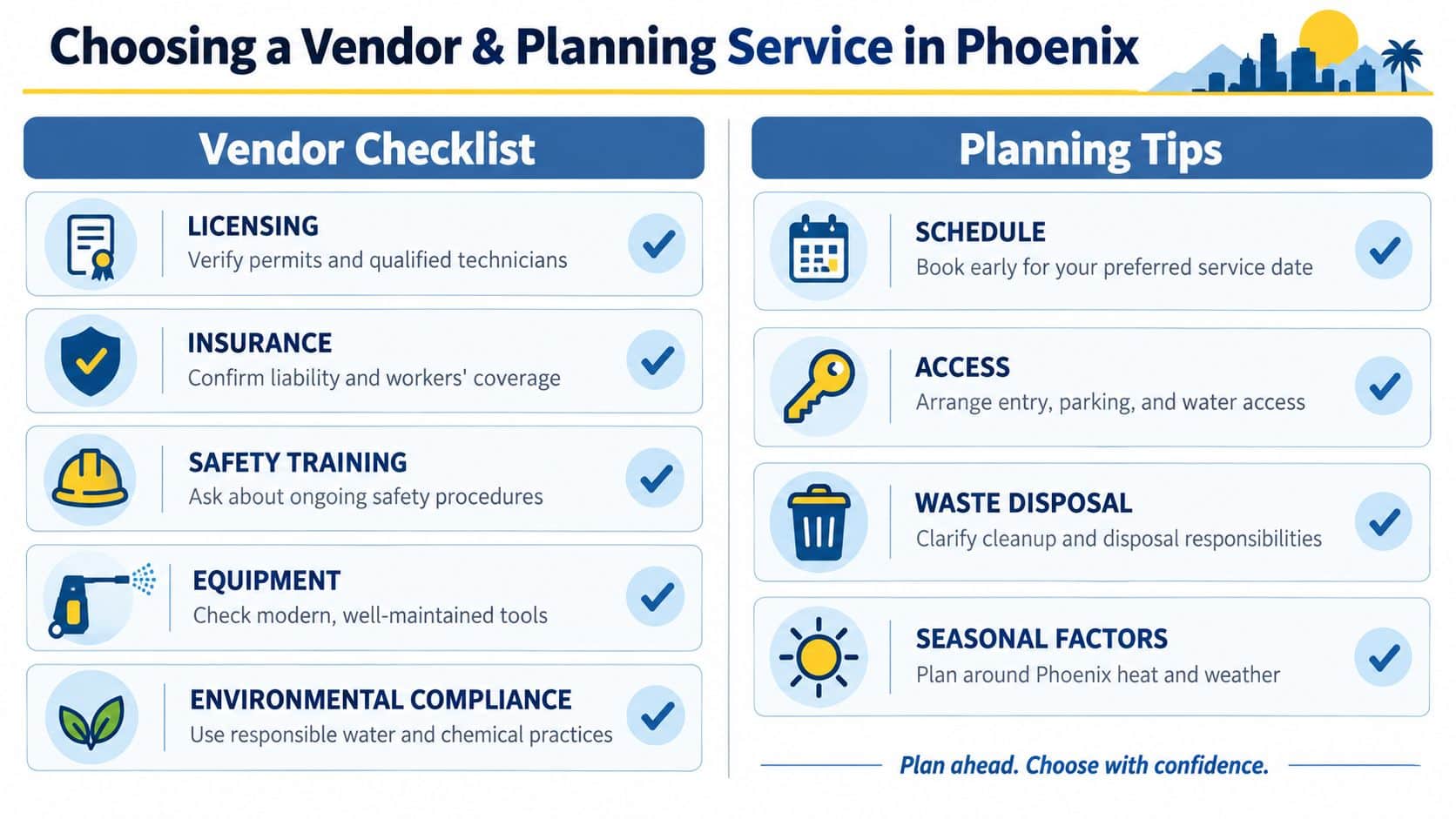 An infographic titled Choosing a Vendor & Planning Service in Phoenix, outlining key vendor selection and service planning tips.