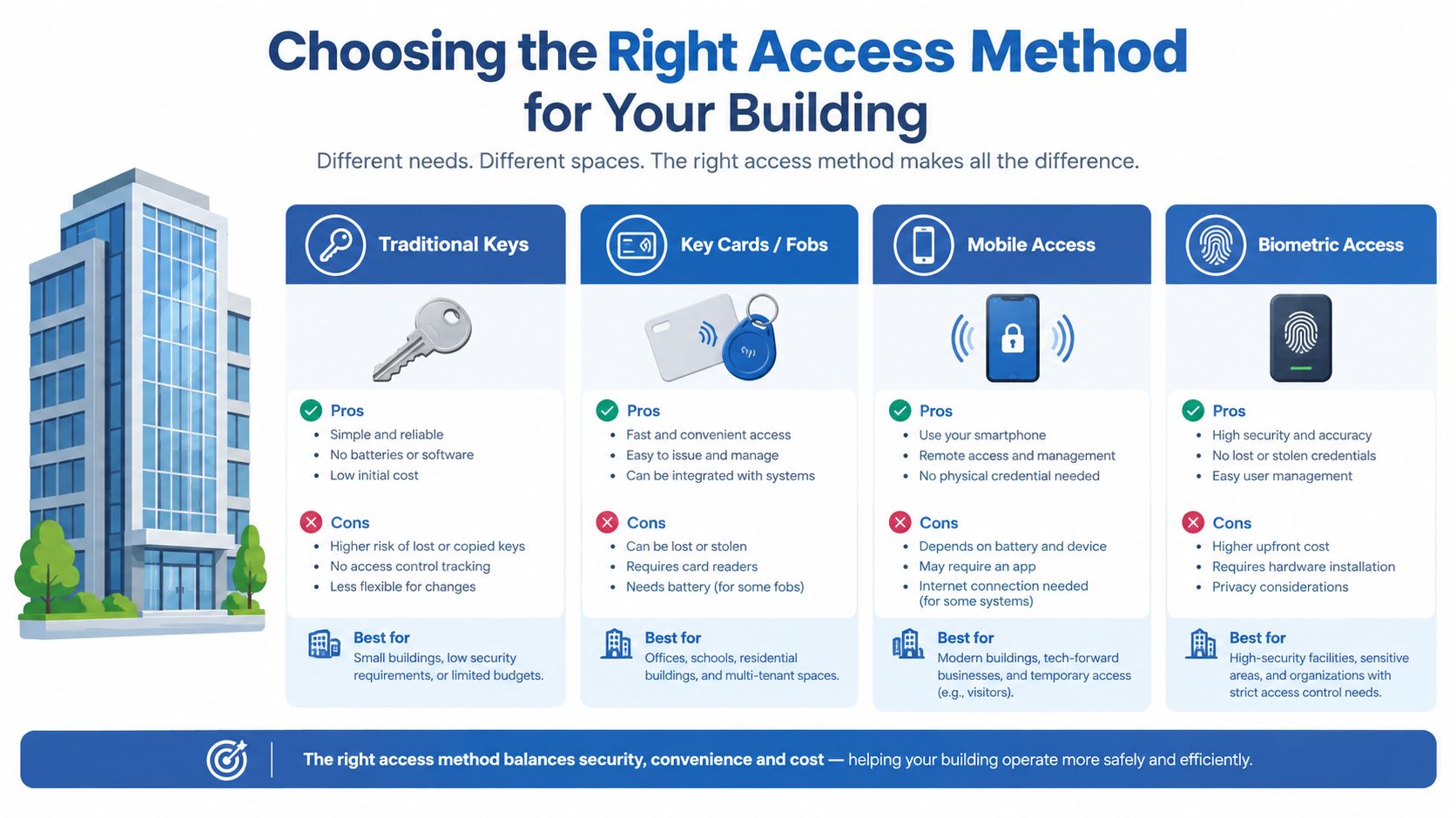 A comparison chart outlining the pros and cons of four different building access control methods.