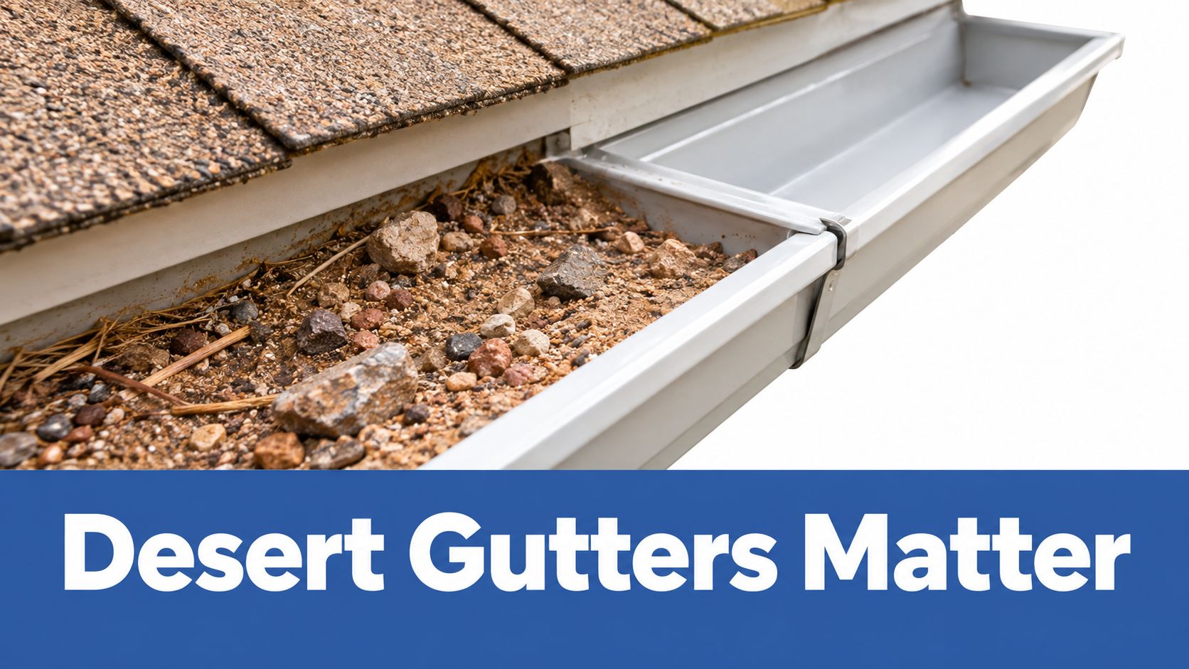 A dirty rain gutter filled with desert debris, rocks, and dirt under a residential shingle roof.