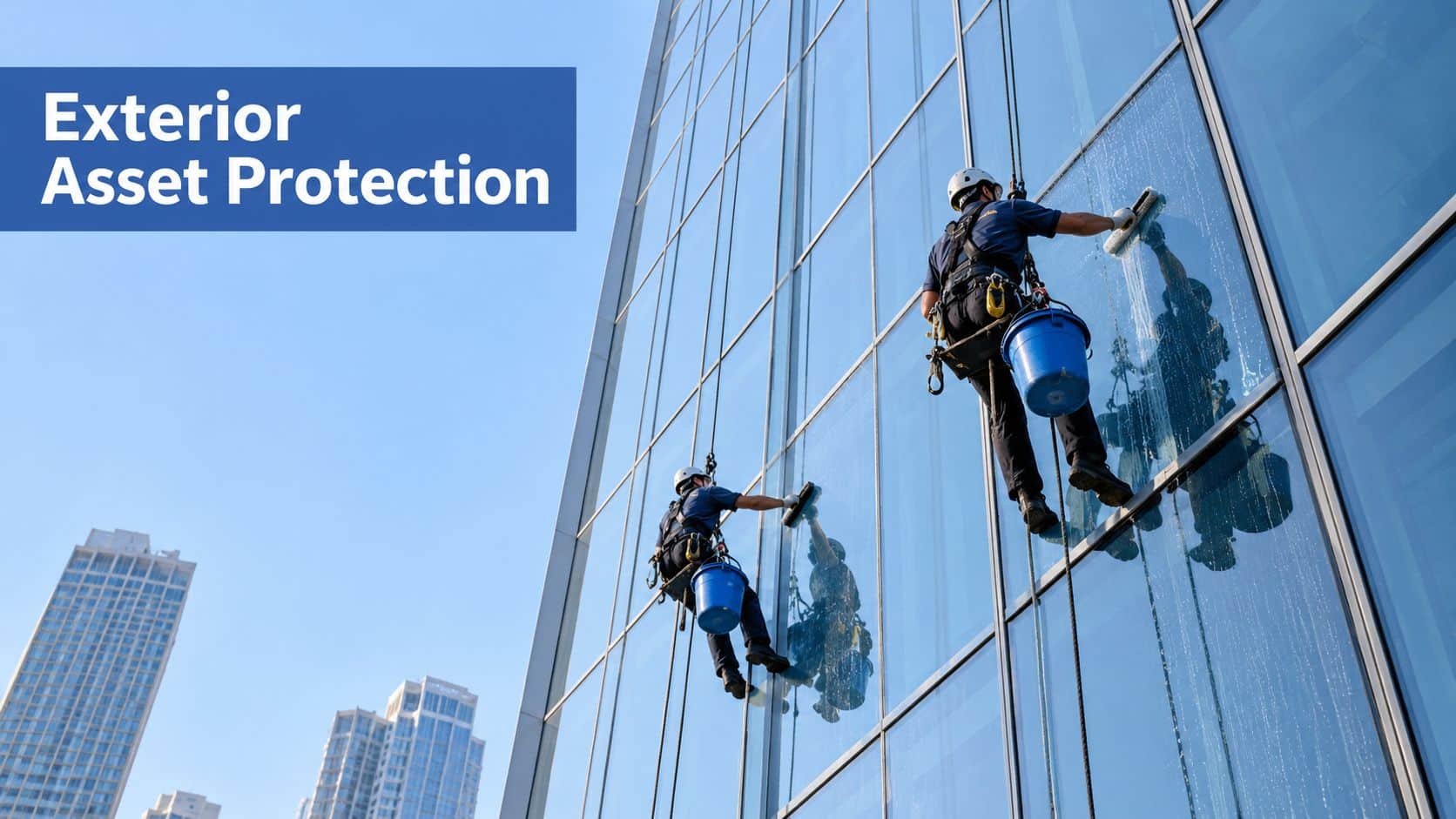 Two professional window cleaners working on ropes to clean the glass facade of a tall skyscraper.
