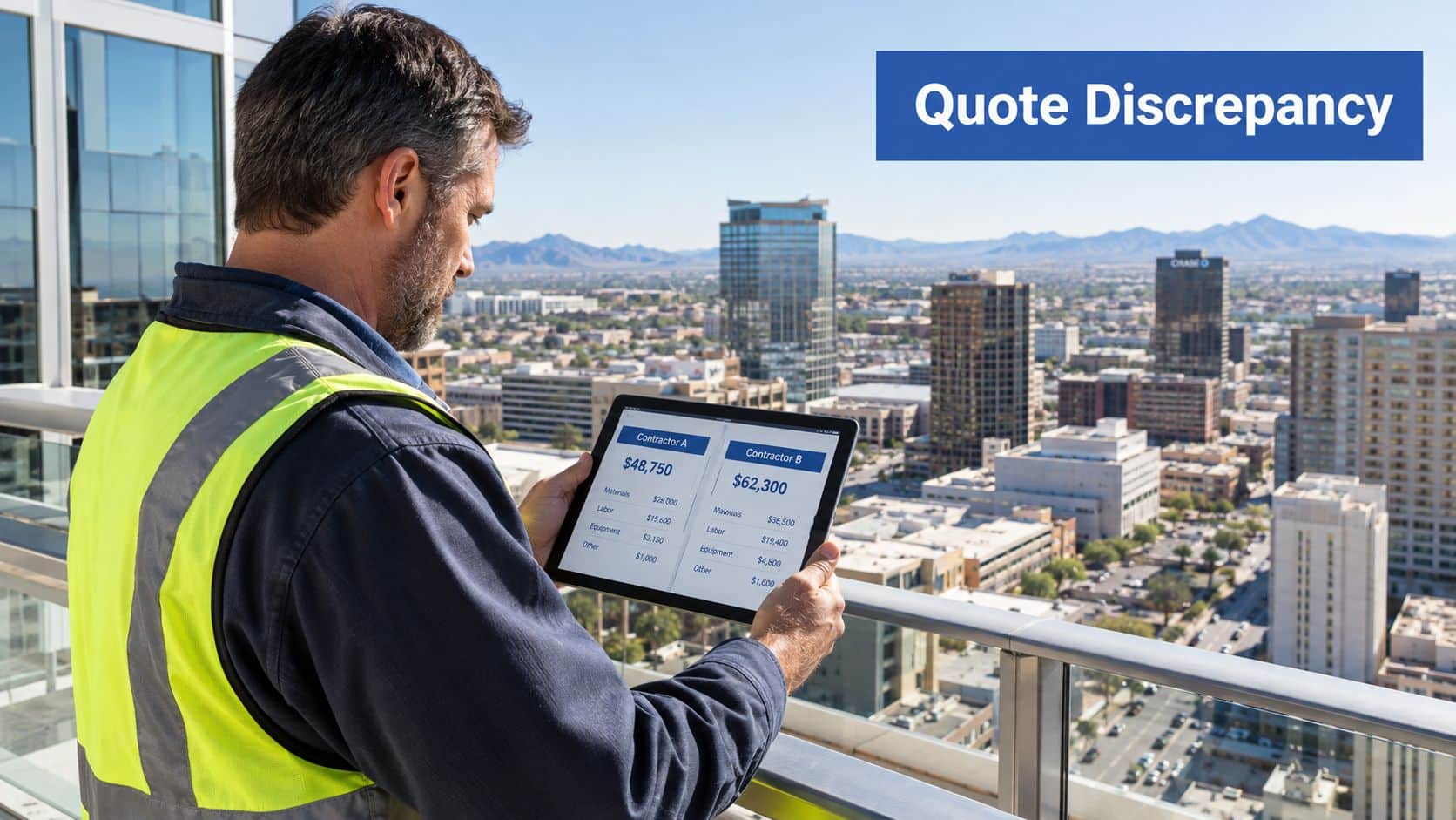 A construction worker in a high-visibility vest reviews a cost quote comparison on a digital tablet outdoors.