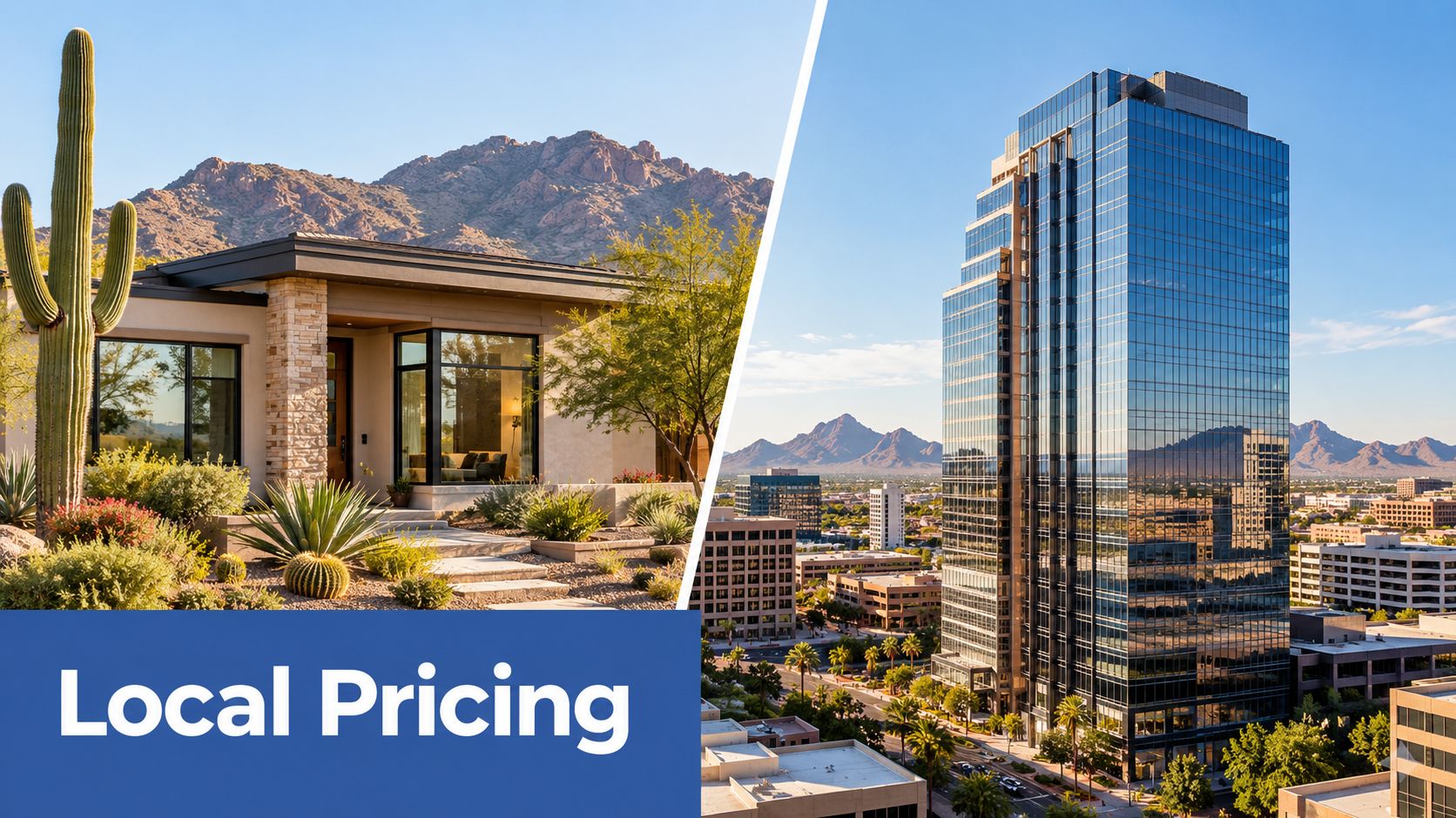 Comparison of a modern desert home and a glass high-rise office building in a mountain landscape.