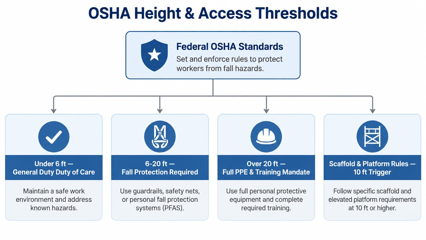 A diagram outlining OSHA height and access thresholds for worker safety and fall prevention regulations.