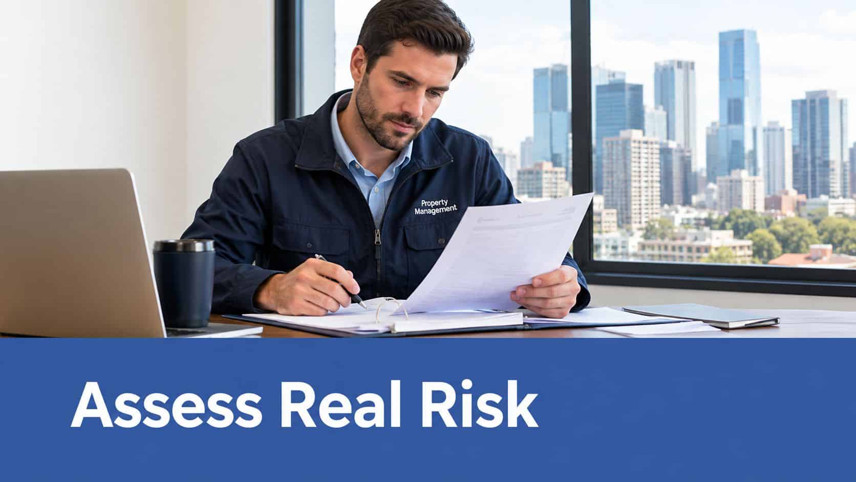 A property manager wearing a uniform sits at a desk reviewing documents in a modern office.