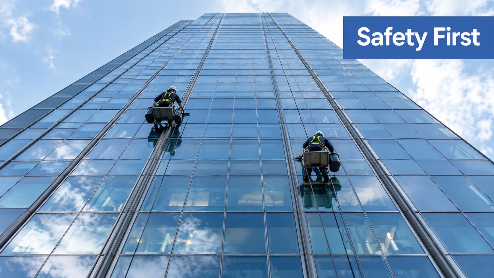 Two window washers wearing safety harnesses work on a high-rise glass building under a blue sky.