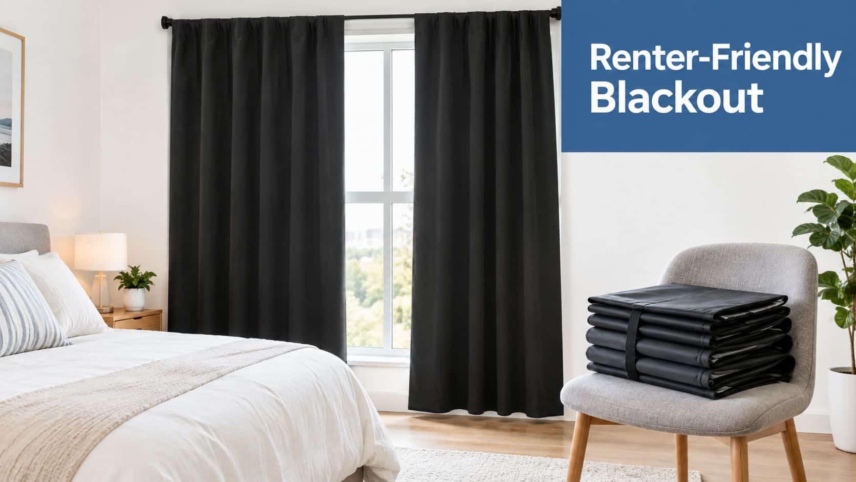 A modern bedroom with black blackout curtains hanging on a window and a folded set on a chair.