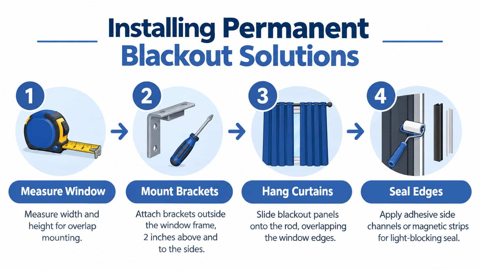 A four-step infographic illustrating how to install permanent blackout curtains on a window for room darkening.
