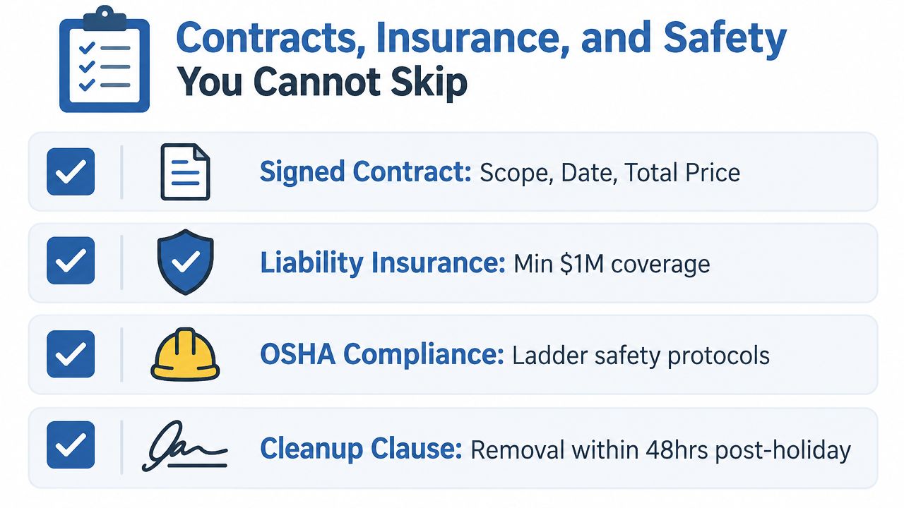 A checklist infographic outlining essential contracts, insurance, and safety requirements for holiday lighting services.