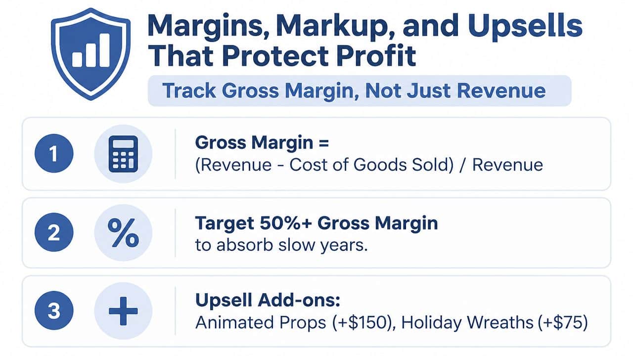 An infographic detailing strategies for business profitability including gross margin formulas, targets, and upsell suggestions.