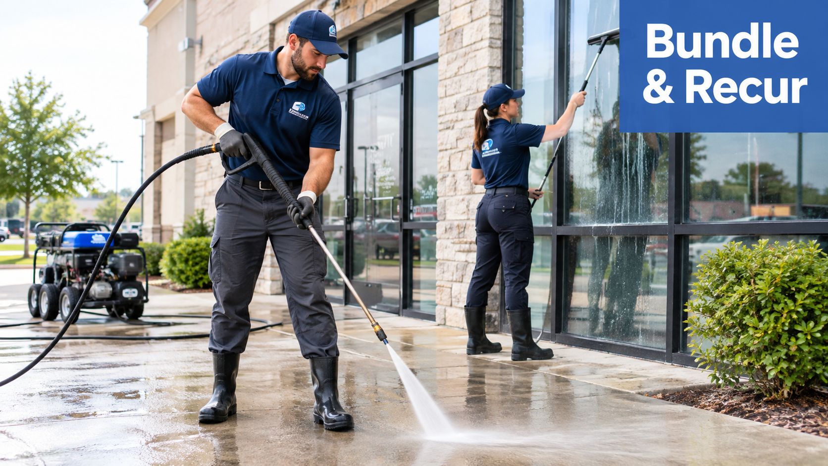 A professional team of workers cleaning a commercial building storefront using pressure washing and window cleaning tools.